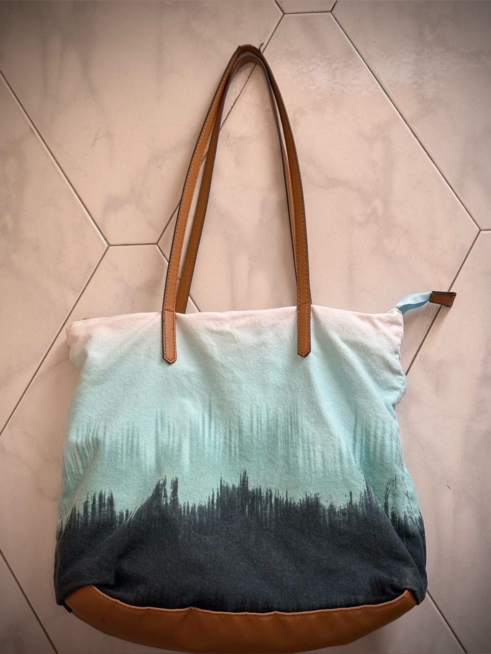 Canvas Ombre Tote Bag with Tan Leather Handles